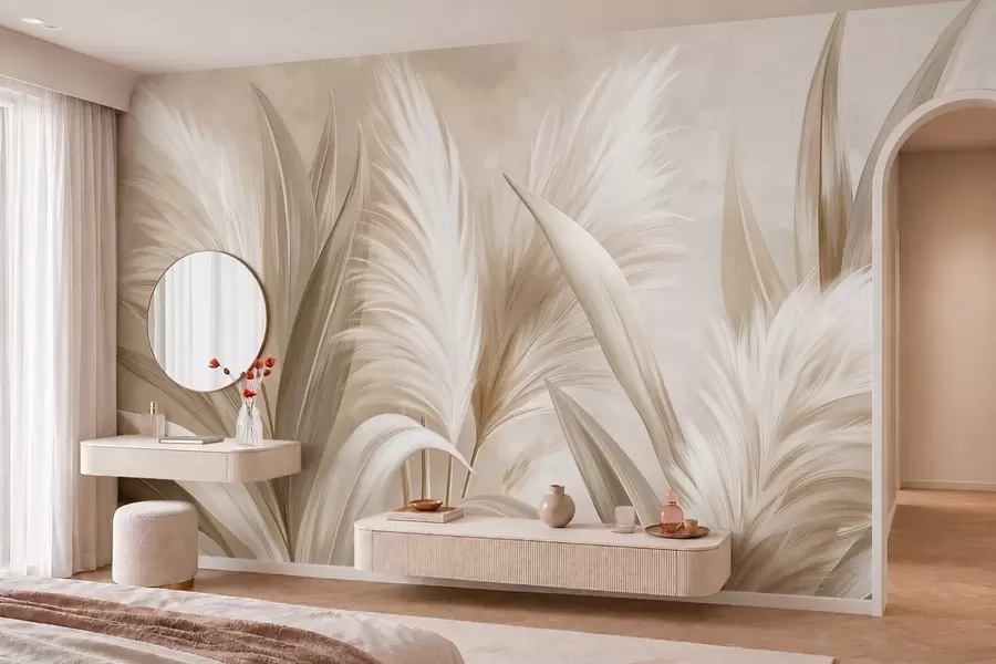 zidne murale Blijedi ukrasni listovi i pernati cvjetovi w05863