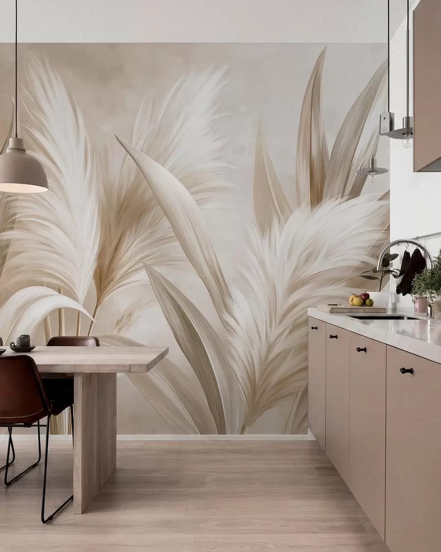 zidne murale Blijedi ukrasni listovi i pernati cvjetovi w05863