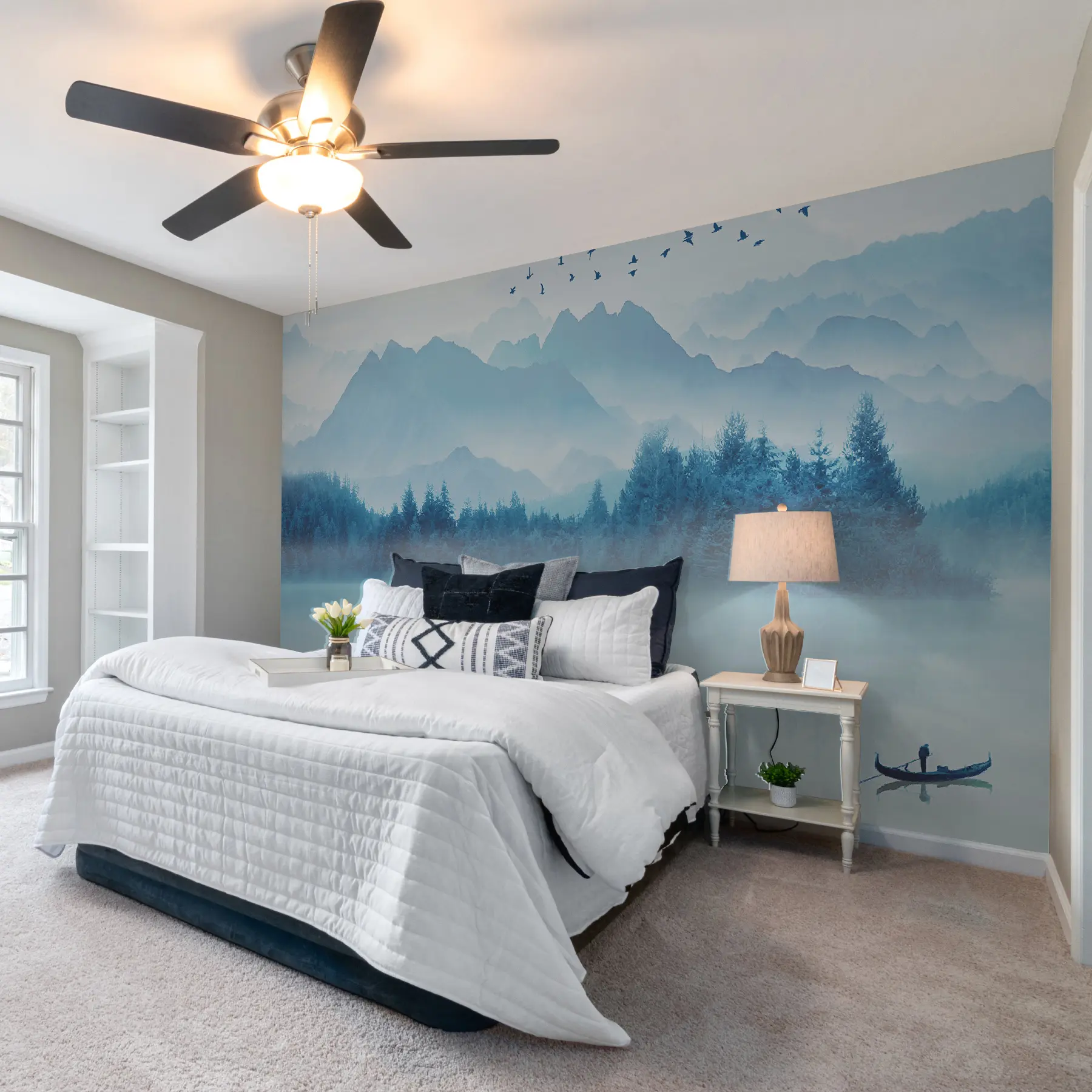 zidne murale Planine, čamac na maglovitom jezeru u32395