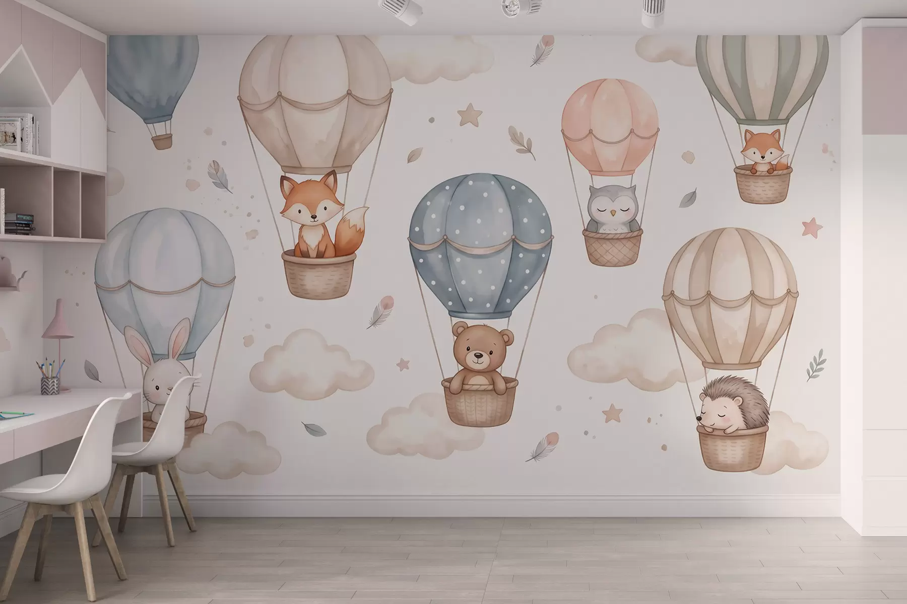 zidne murale Šumske životinje u balonima na vrući zrak, akvarelni stil, pastelna paleta w10001