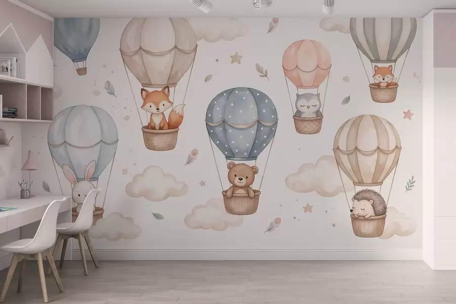zidne murale Šumske životinje u balonima na vrući zrak, akvarelni stil, pastelna paleta w10001