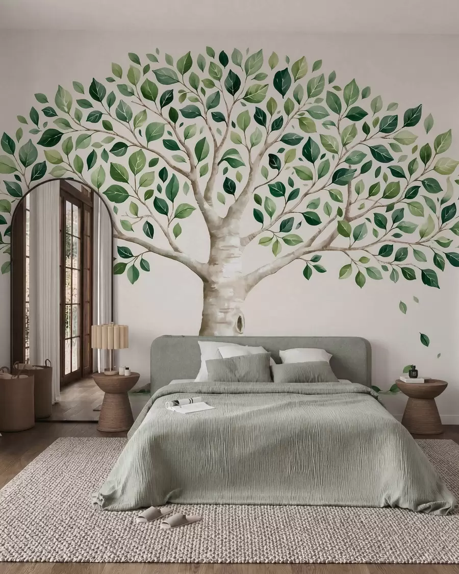 zidne murale Drvo sa zelenim lišćem, akvarelni stil, minimalistički w10046