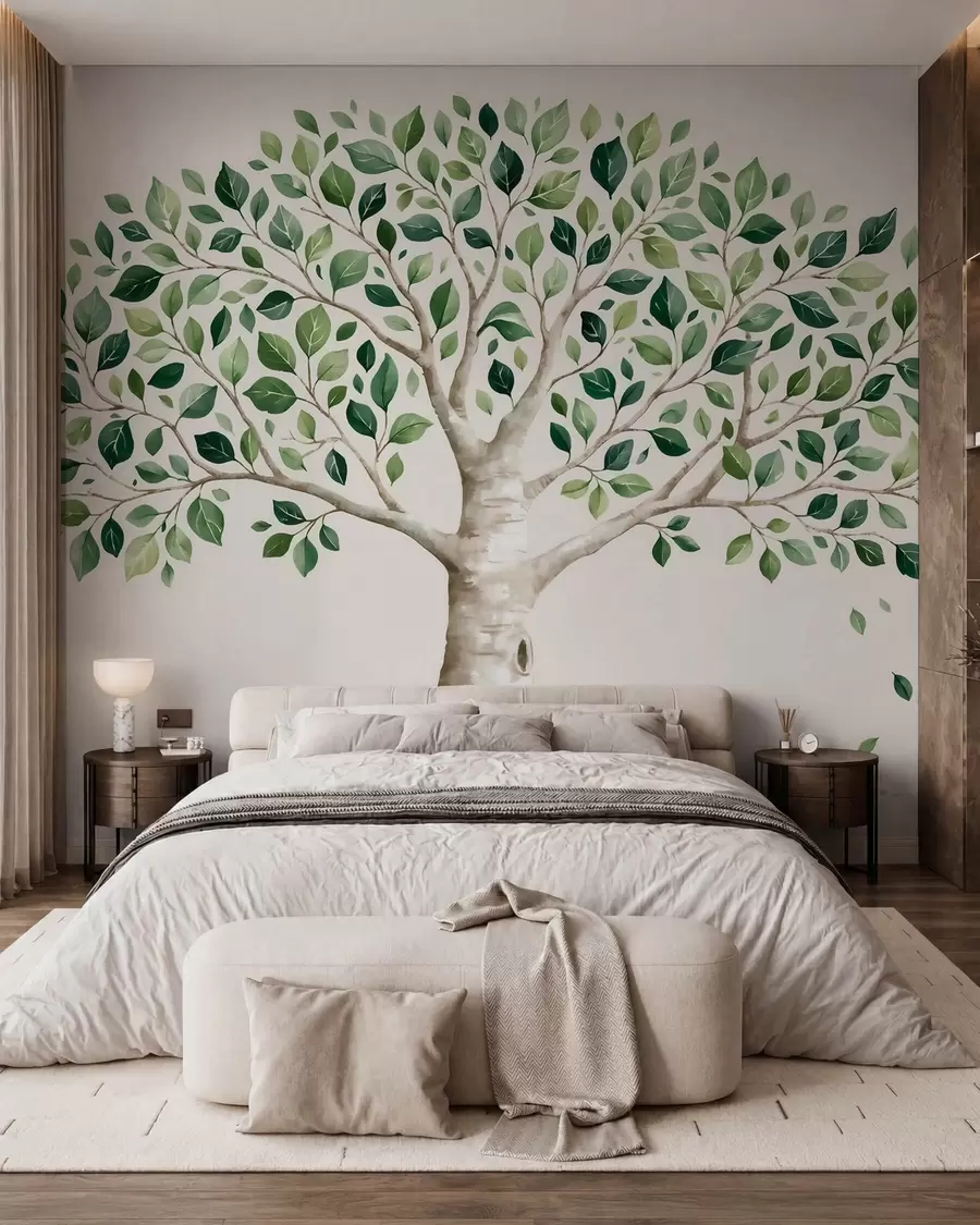 zidne murale Drvo sa zelenim lišćem, akvarelni stil, minimalistički w10046