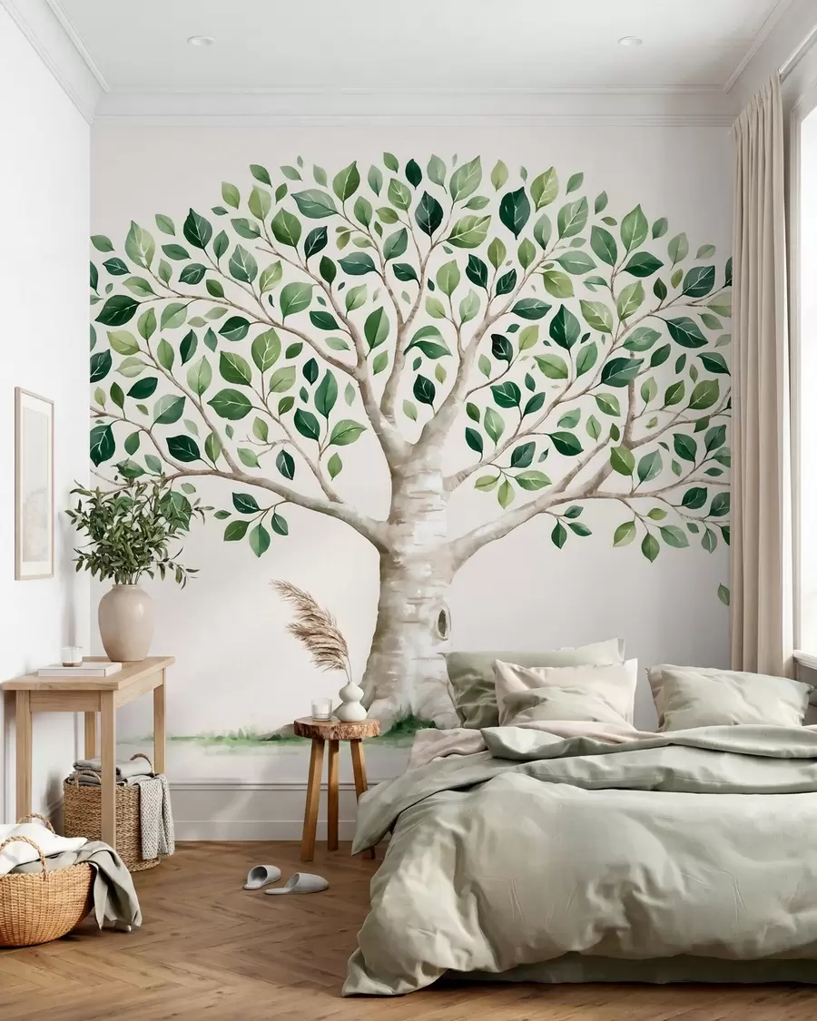 zidne murale Drvo sa zelenim lišćem, akvarelni stil, minimalistički w10046