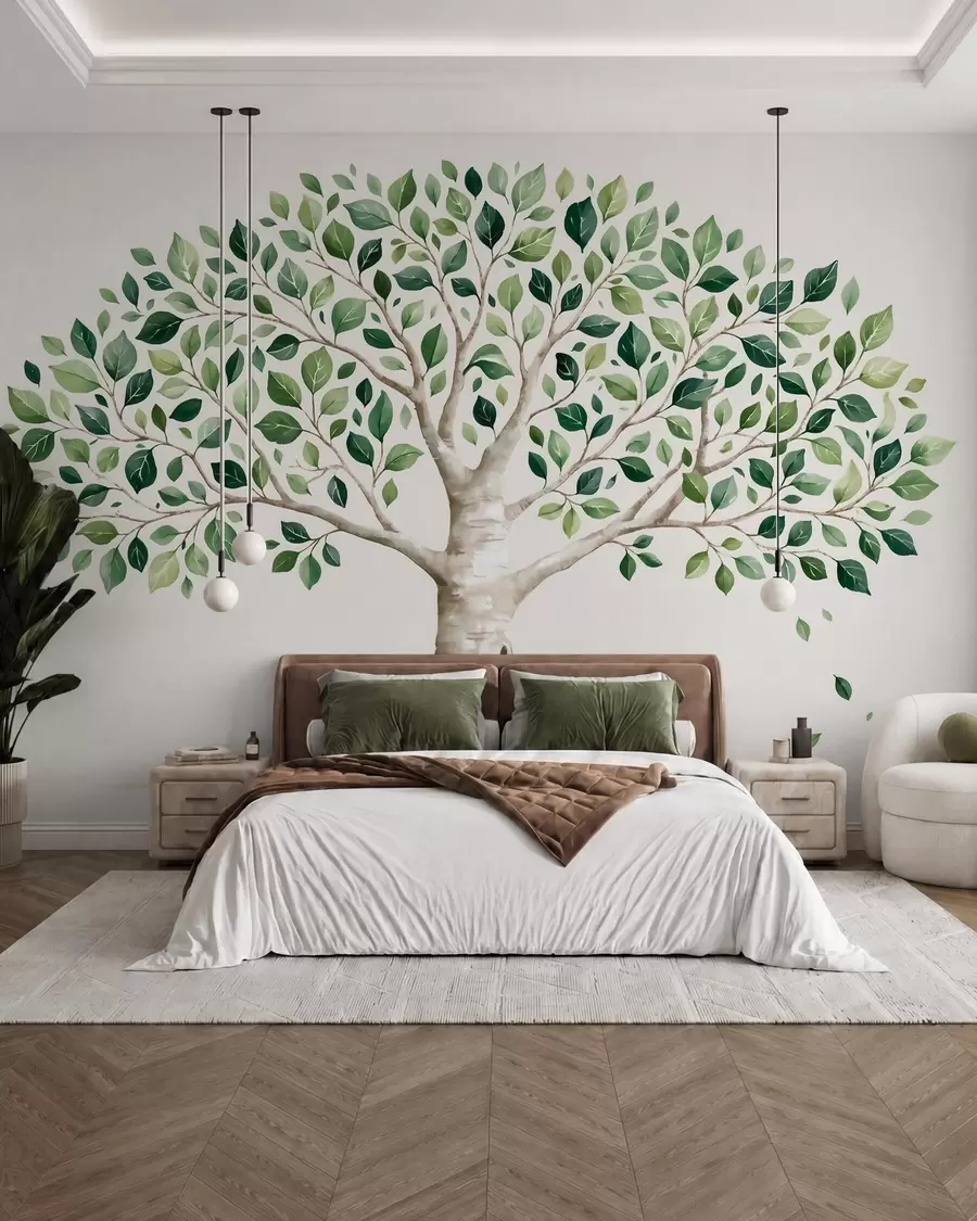 zidne murale Drvo sa zelenim lišćem, akvarelni stil, minimalistički w10046