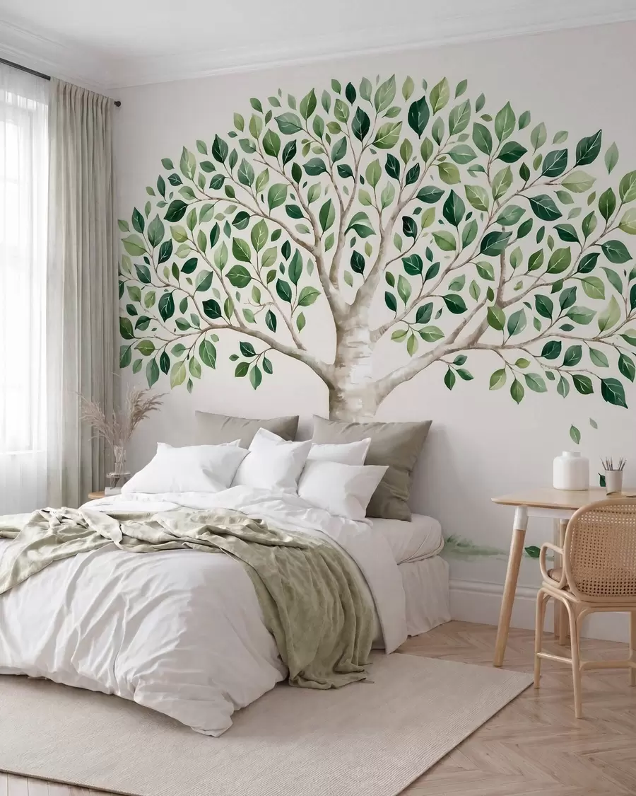 zidne murale Drvo sa zelenim lišćem, akvarelni stil, minimalistički w10046
