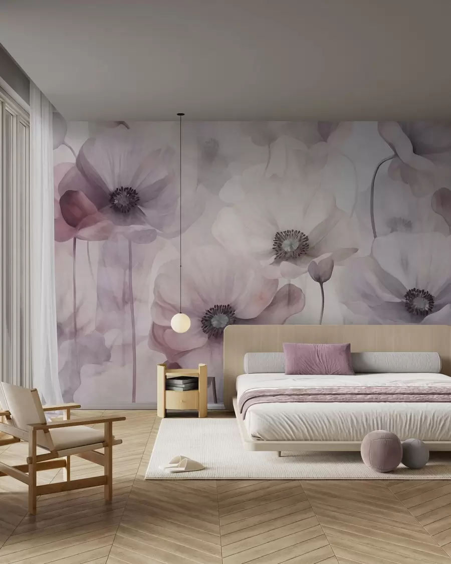 zidne murale Blijedoružičasti i bijeli makovi s nježnim laticama w10029v1