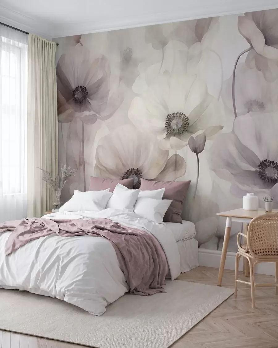 zidne murale Blijedoružičasti i bež makovi s nježnim laticama w10029