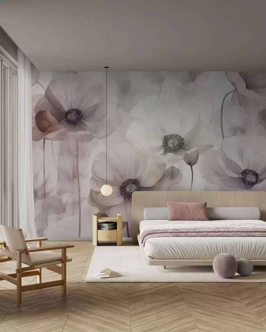 zidne murale Blijedoružičasti i bež makovi s nježnim laticama w10029