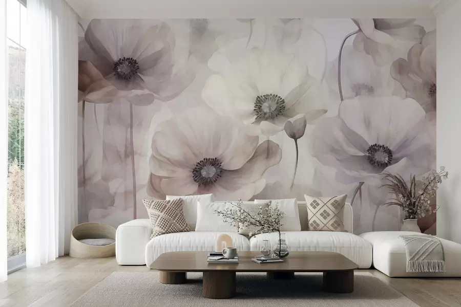 zidne murale Blijedoružičasti i bež makovi s nježnim laticama w10029