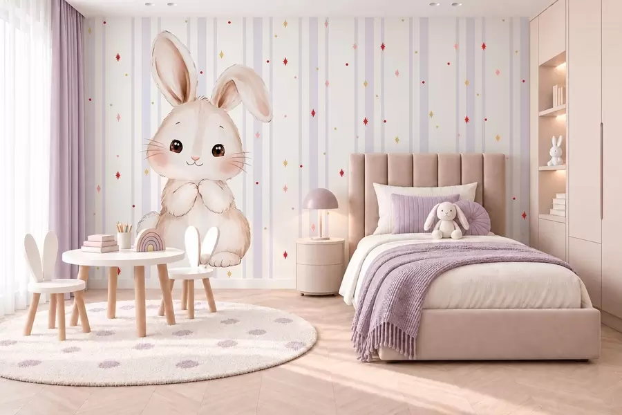 zidne murale Slatki zeko naspram lila pruga i svijetlih zvijezda w05920v1