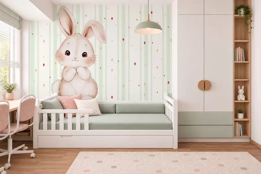 zidne murale Slatki zeko naspram zelenih pruga i svijetlih zvijezda w05920v2