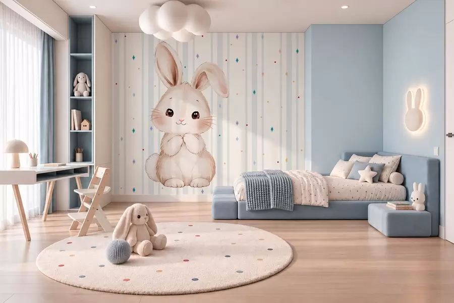 zidne murale Slatki zeko nasuprot plavim prugama i šarenim zvijezdama w05920v3