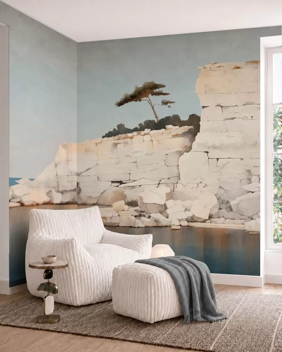zidne murale Blijedi klifovi uz mirno more s usamljenim drvetom w05922