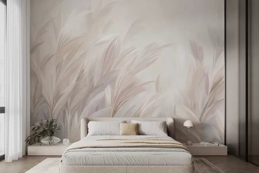 zidne murale Visoka, pernata trava u mekim pastelnim bojama, sa svijetlom teksturiranom pozadinom w10060