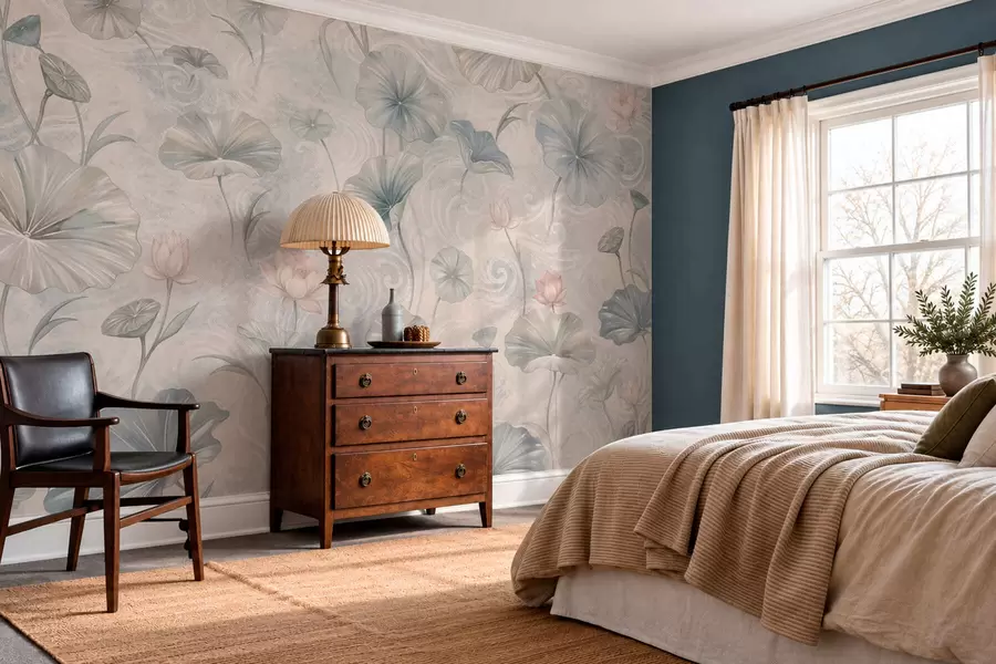zidne murale Veliki listovi i ružičasti cvjetovi na blijedoj pozadini w05808