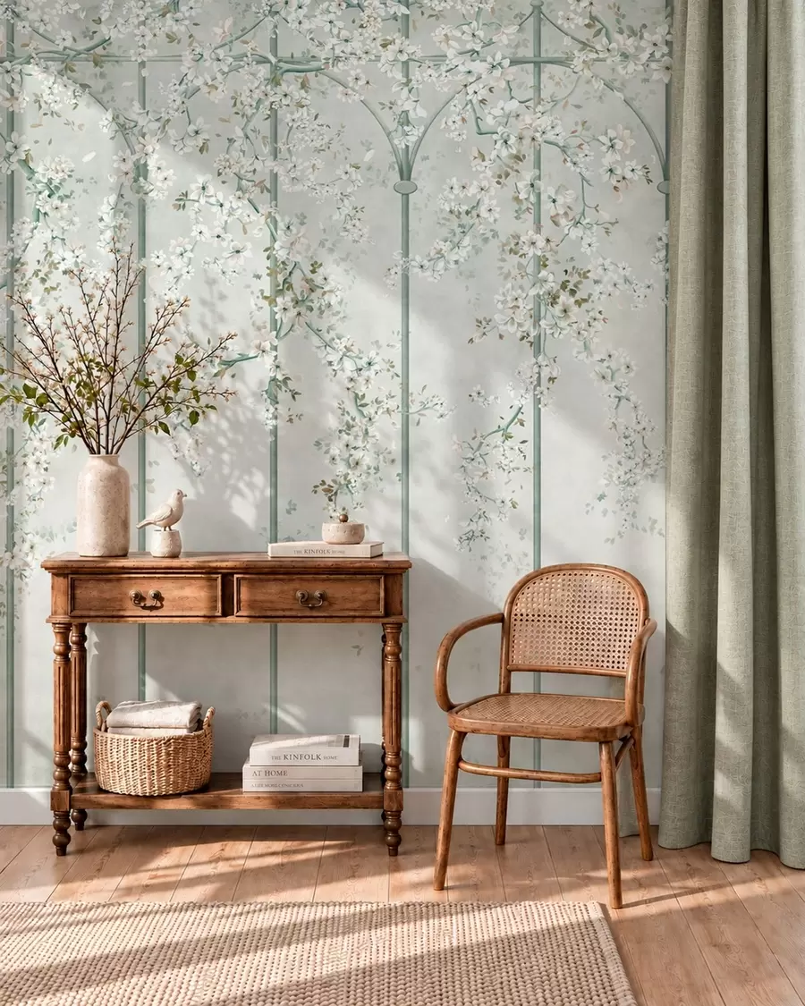 zidne murale Bijele cvjetajuće grane na zelenoj ukrasnoj rešetki w05923v2