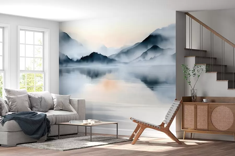 zidne murale Jezero smješteno uz pozadinu maglovitih planina, u stilu akvarela w10078