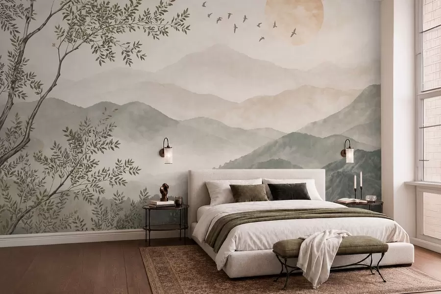 zidne murale Planinski krajolik s drvetom, pticama i suncem w05924
