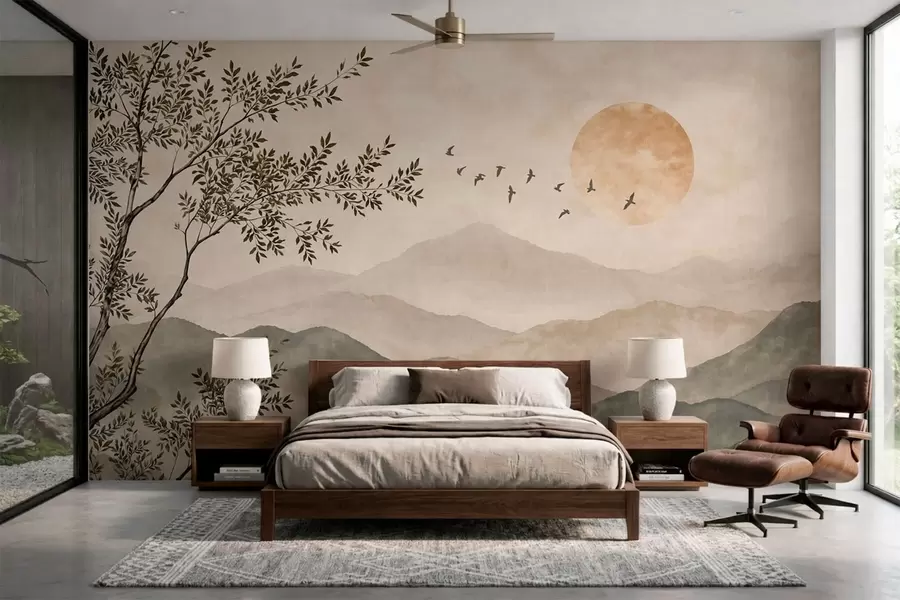 zidne murale Planinski grebeni s drvetom, pticama i suncem w05924v3