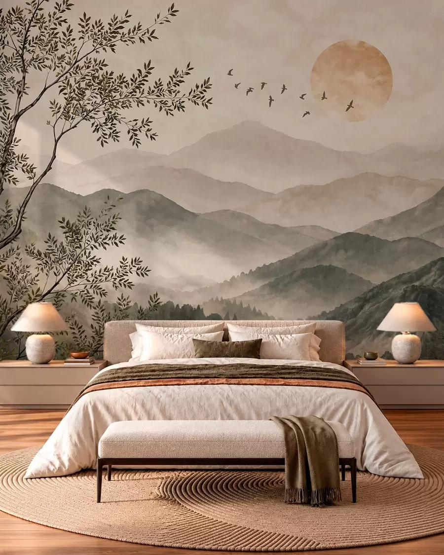 zidne murale Planinski grebeni s drvetom, pticama i suncem w05924v3