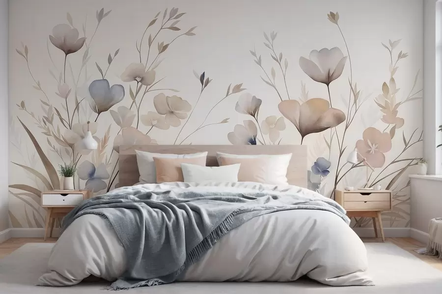 zidne murale Nježno divlje cvijeće u pastelnim nijansama plave, ružičaste i bež s visokom travom w10065