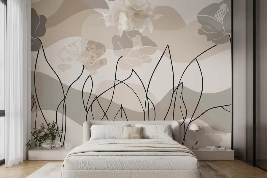 zidne murale Bež apstrakcija s konturnim cvijećem w09989
