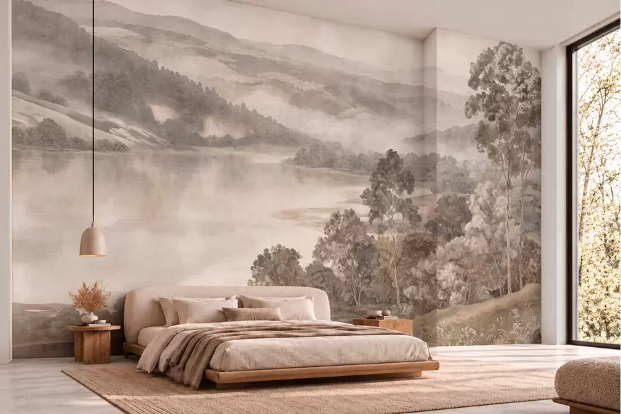 zidne murale Mirno jezero među maglovitim brdima i šumama w05928