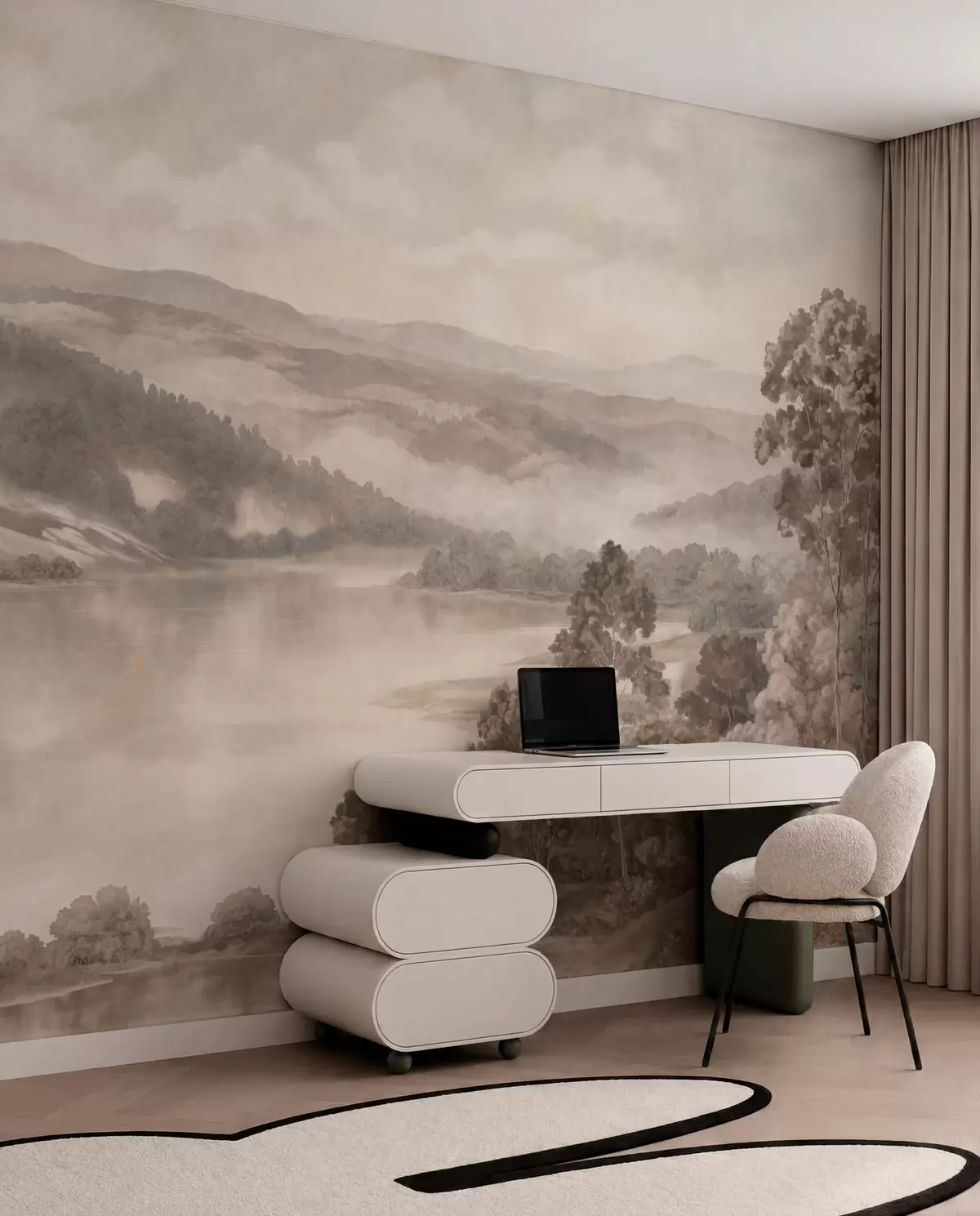 zidne murale Mirno jezero među maglovitim brdima i šumama w05928