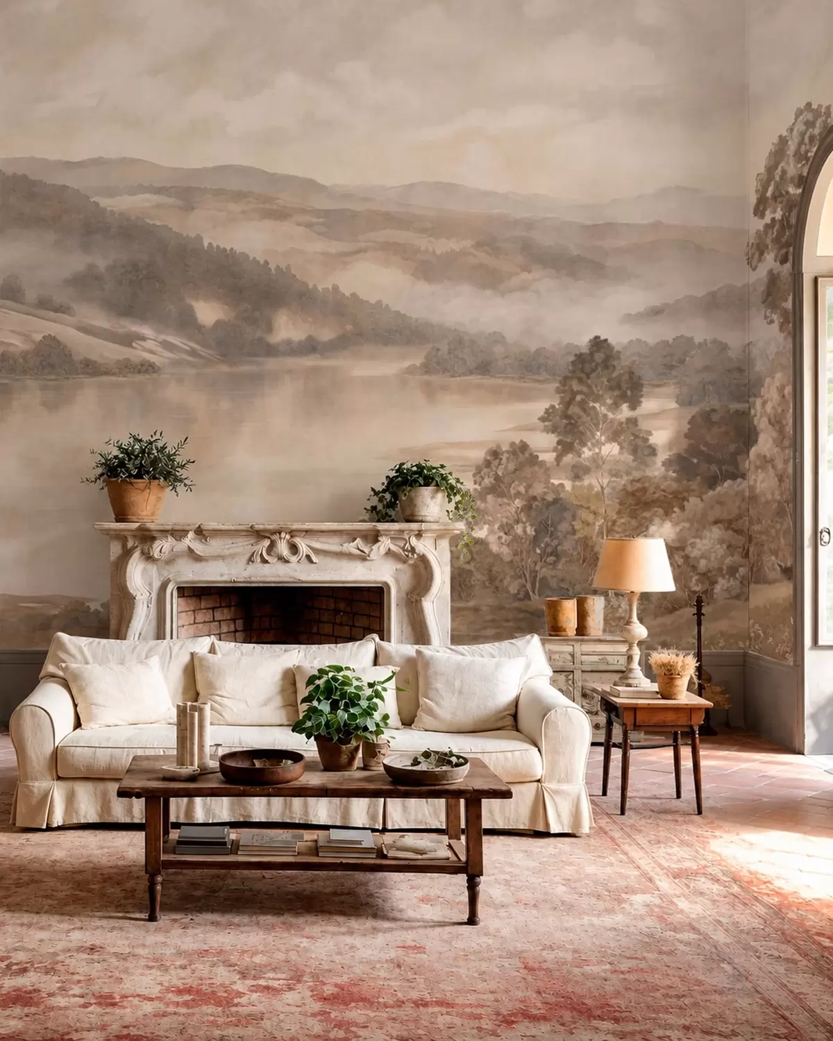 zidne murale Jezero među šumovitim planinama u toplim pastelnim tonovima w05928v1