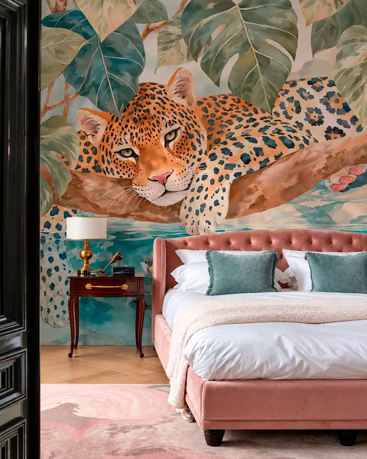 zidne murale Leopard na grani iznad vode sa šarenim ribama w05954