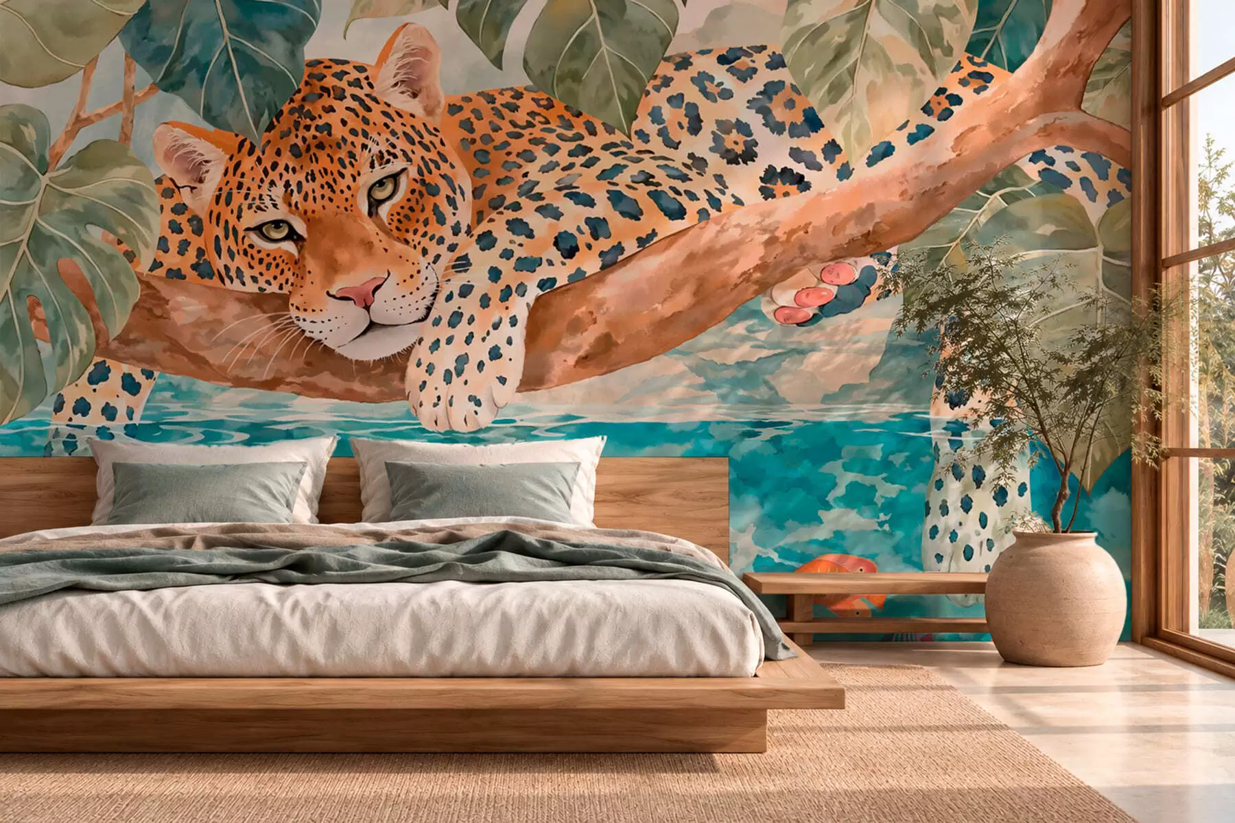 zidne murale Leopard na grani iznad vode sa šarenim ribama w05954