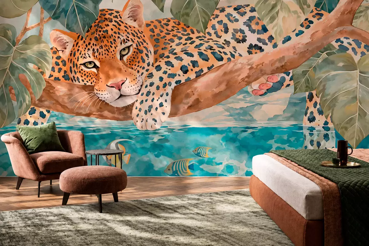 zidne murale Leopard na grani iznad vode sa šarenim ribama w05954