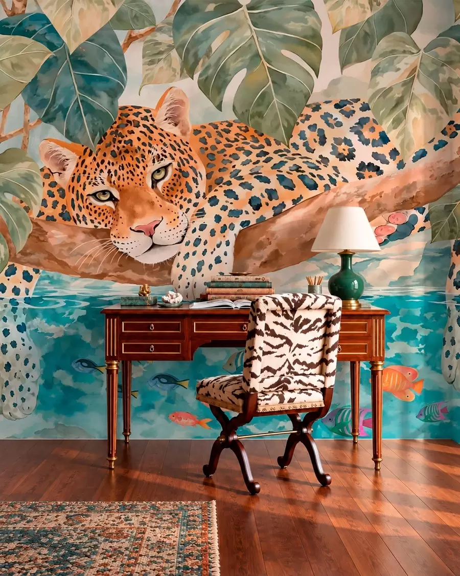 zidne murale Leopard iznad plave vode w05954