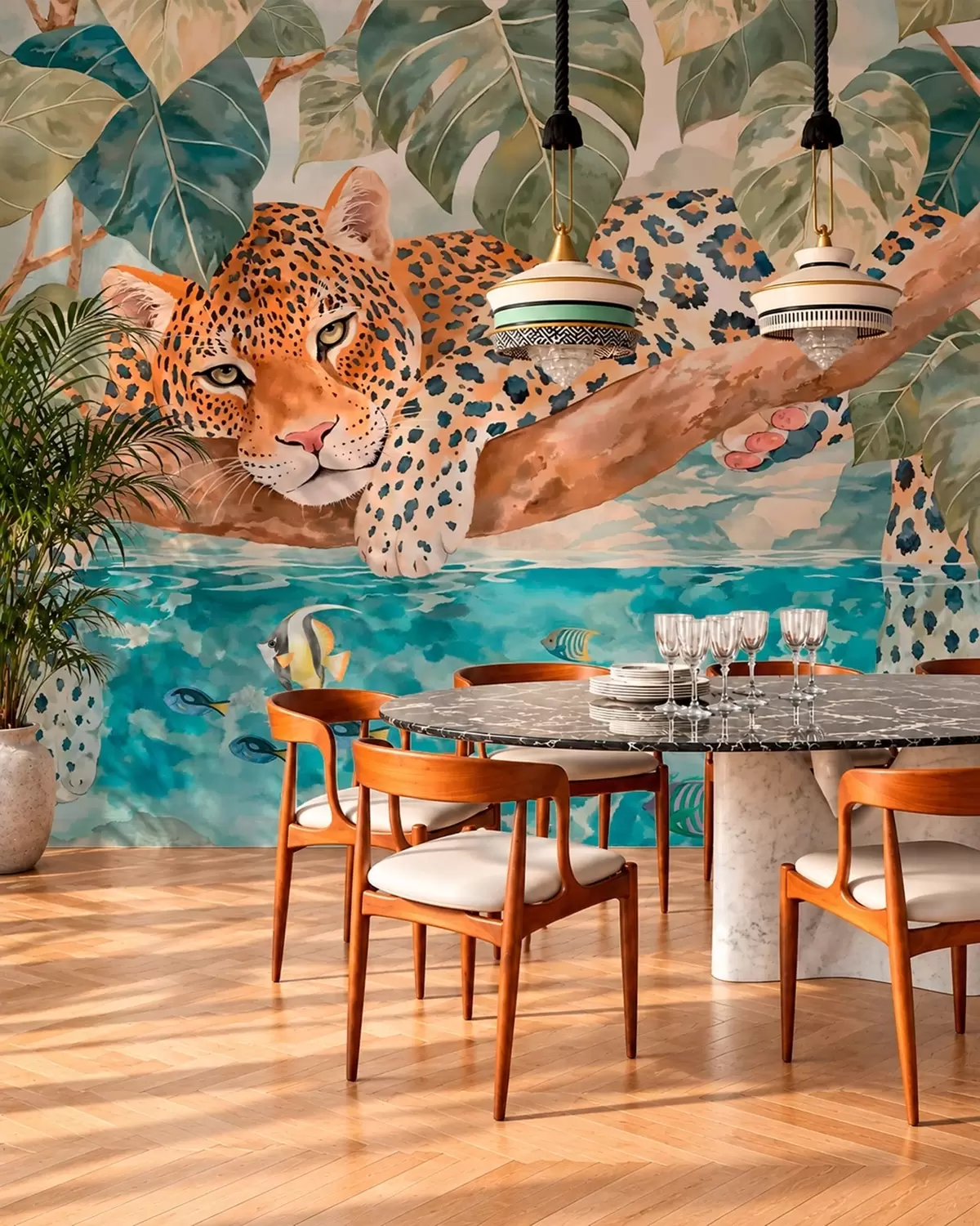 zidne murale Leopard na grani iznad vode sa šarenim ribama w05954