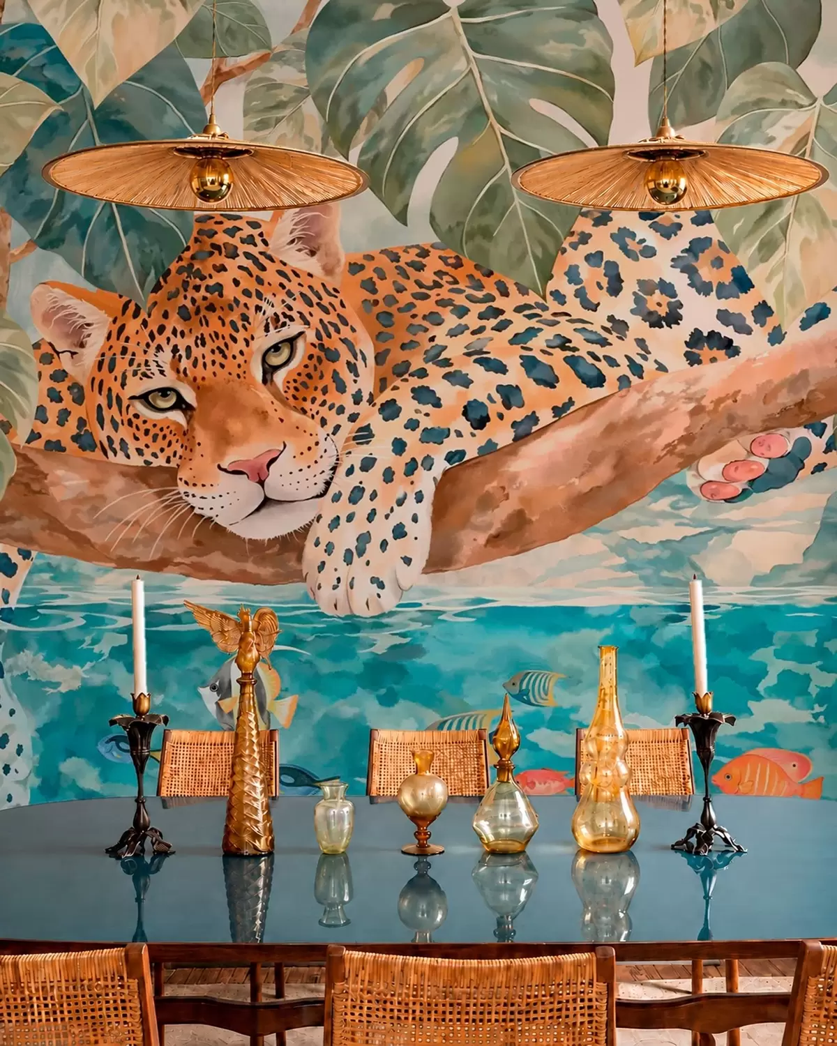 zidne murale Leopard na grani iznad vode sa šarenim ribama w05954
