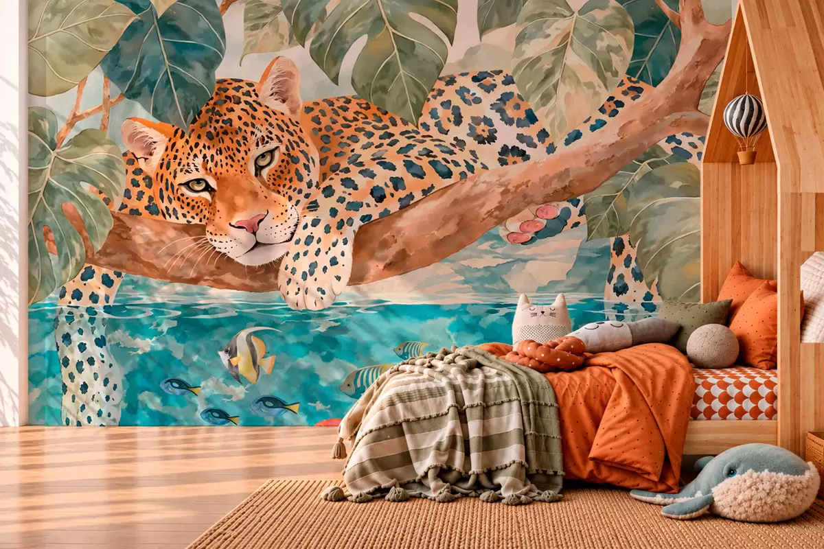 zidne murale Leopard na grani iznad vode sa šarenim ribama w05954