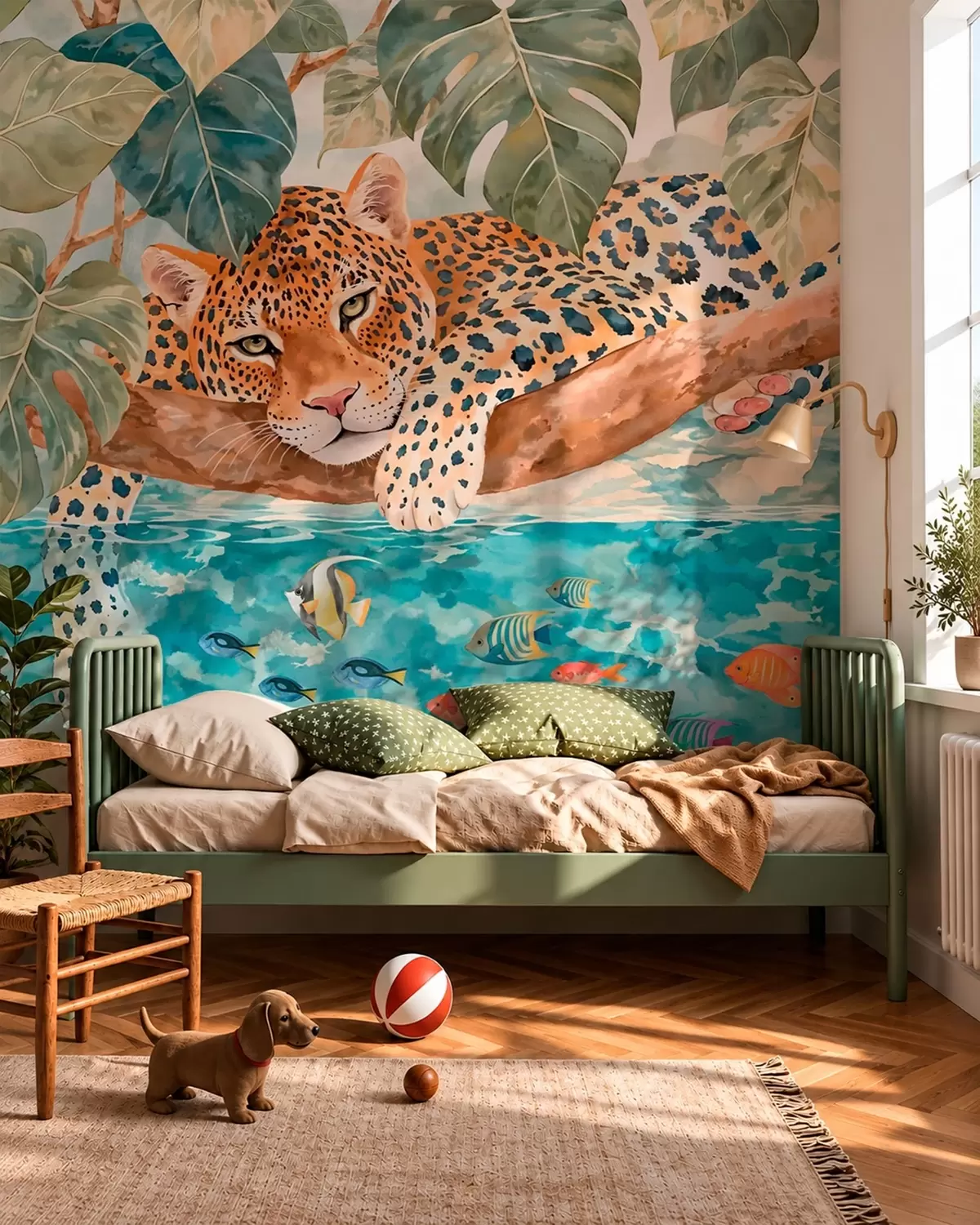 zidne murale Leopard na grani iznad vode sa šarenim ribama w05954