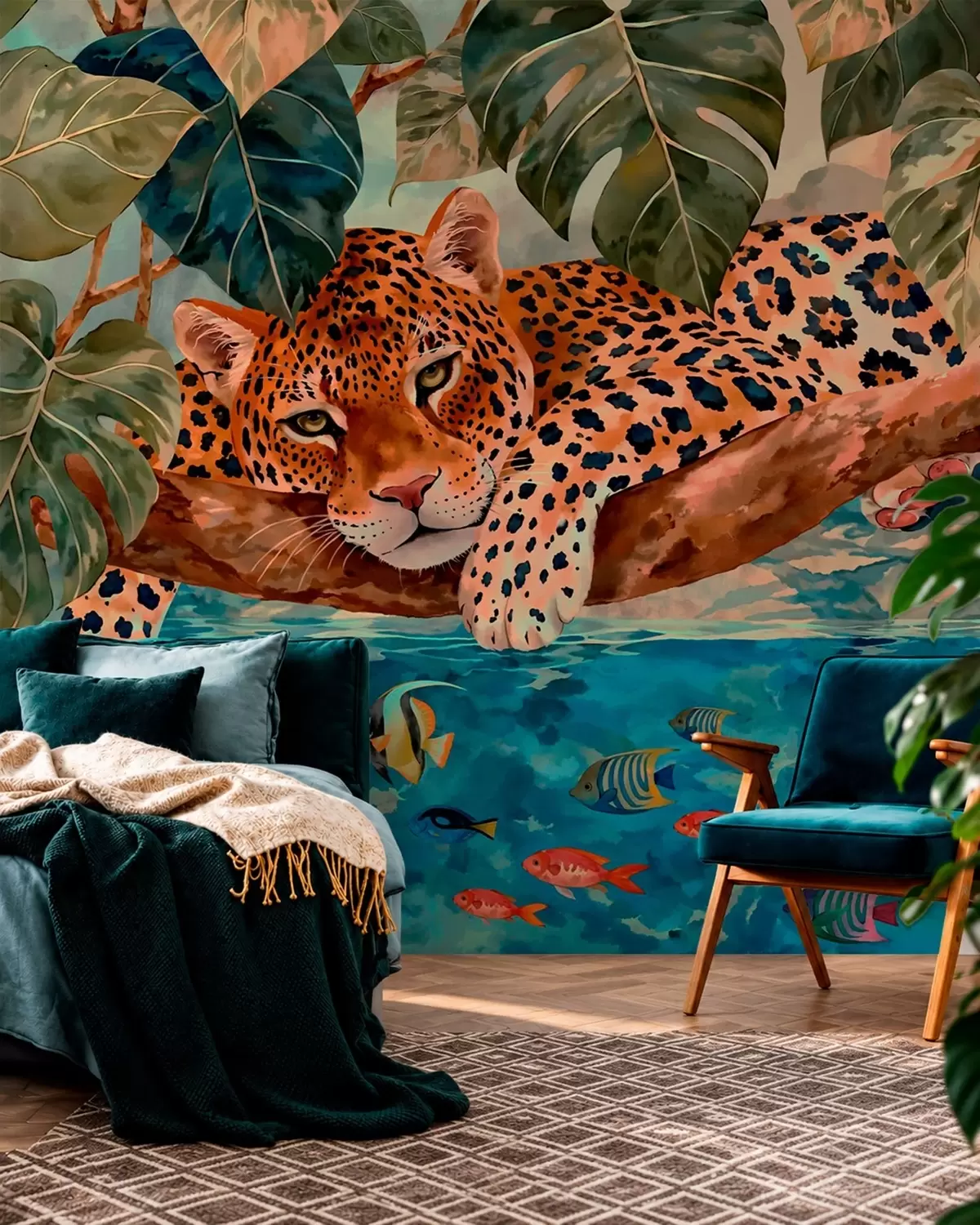 zidne murale Leopard među tropskim lišćem iznad vode s ribom w05954v1
