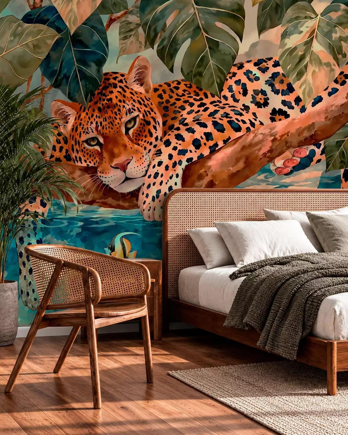 zidne murale Leopard među tropskim lišćem iznad vode s ribom w05954v1