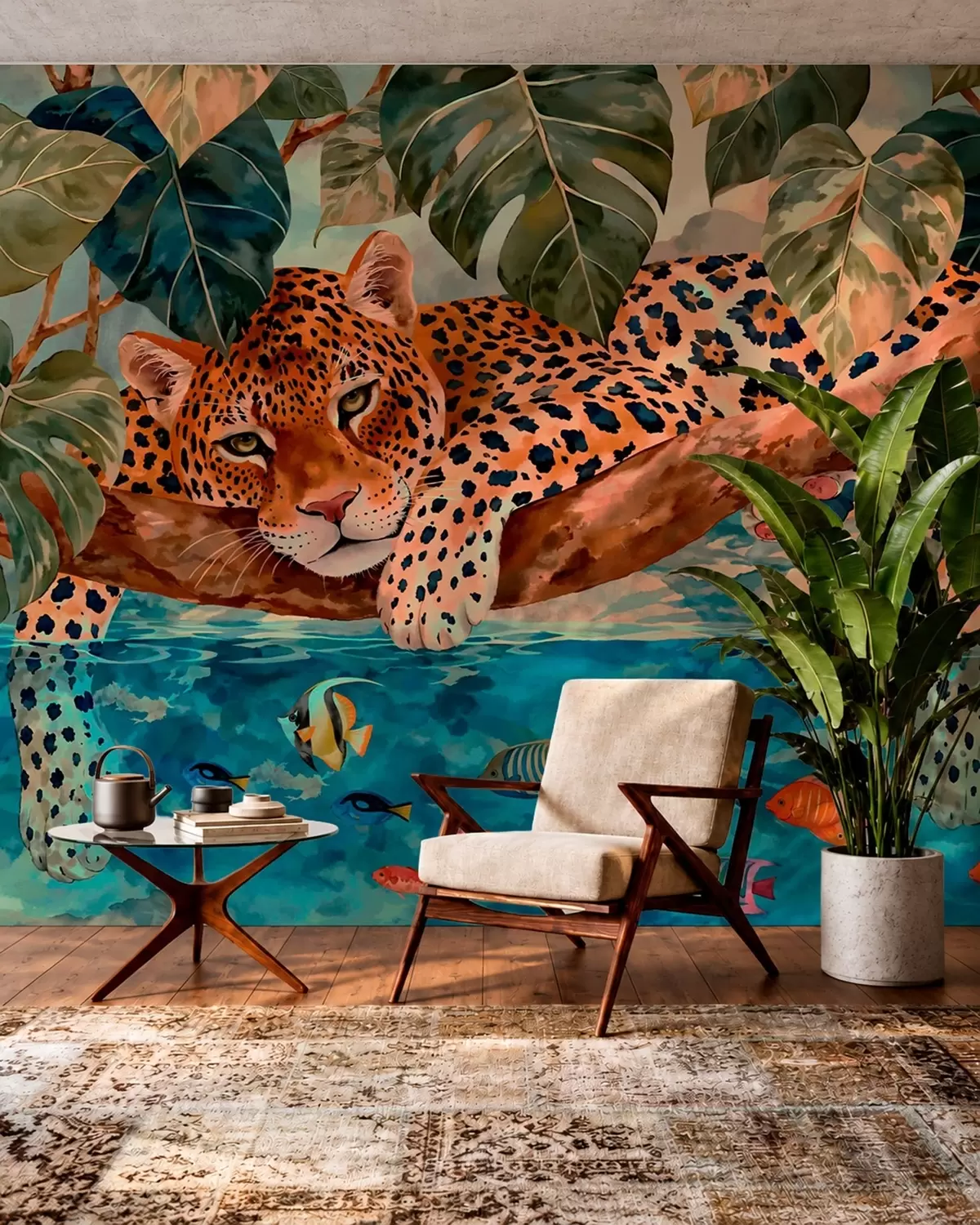 zidne murale Leopard među tropskim lišćem iznad vode s ribom w05954v1
