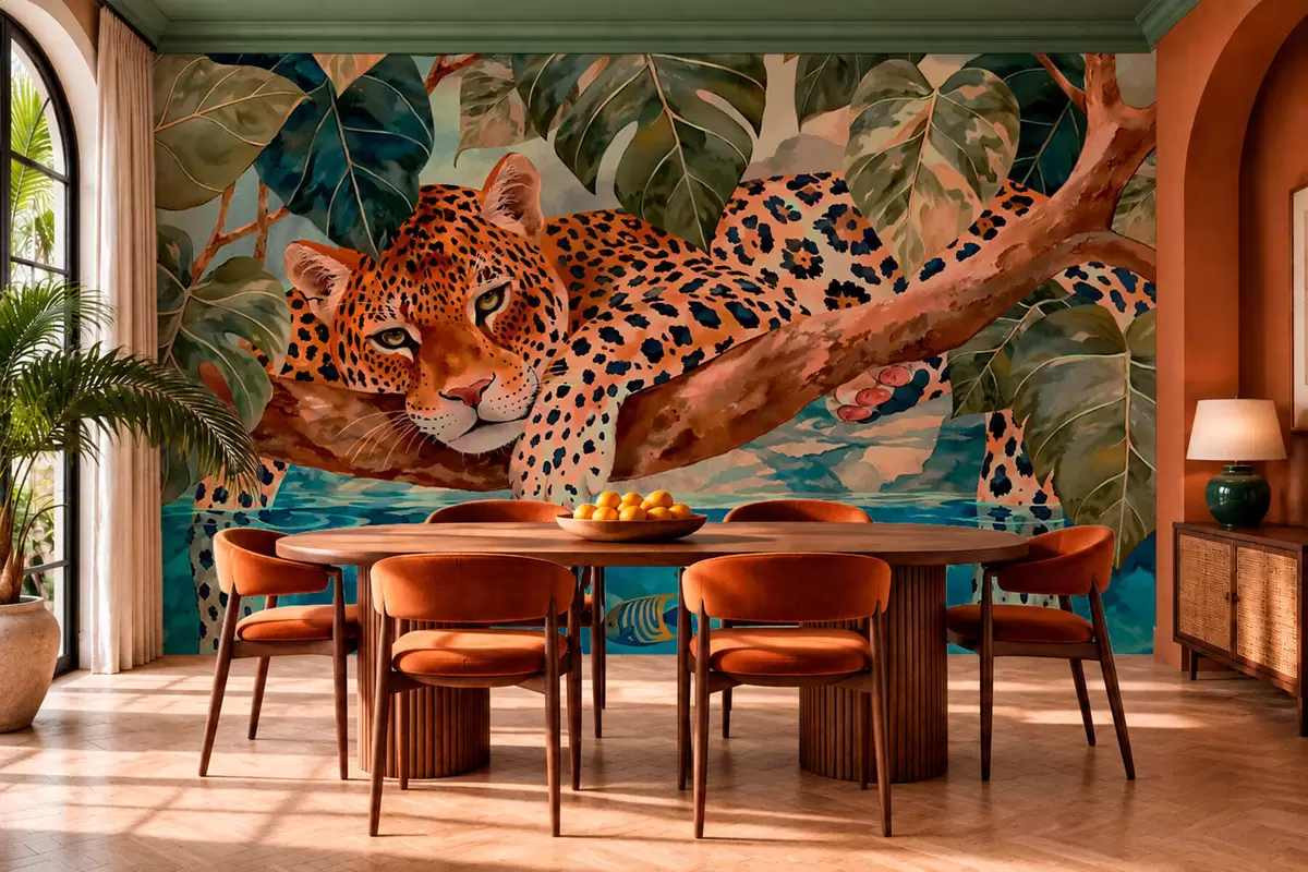 zidne murale Leopard među tropskim lišćem iznad vode s ribom w05954v1