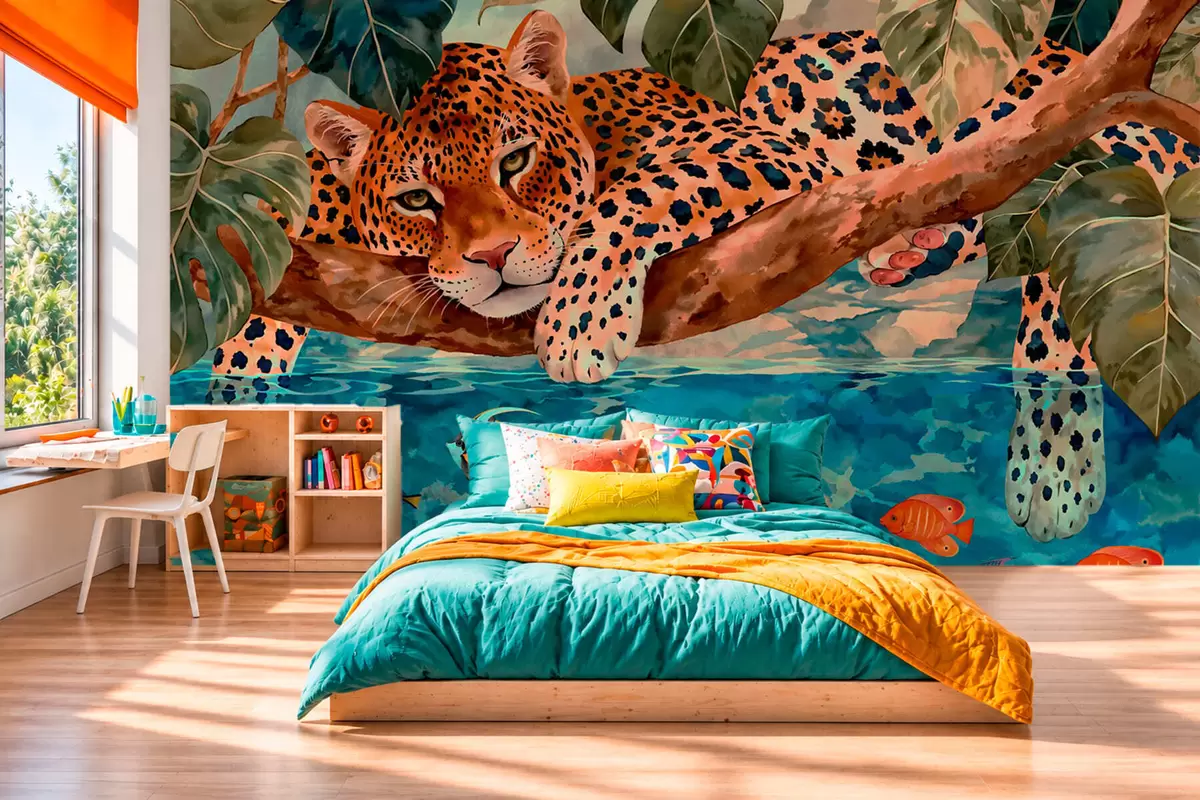zidne murale Leopard među tropskim lišćem iznad vode s ribom w05954v1