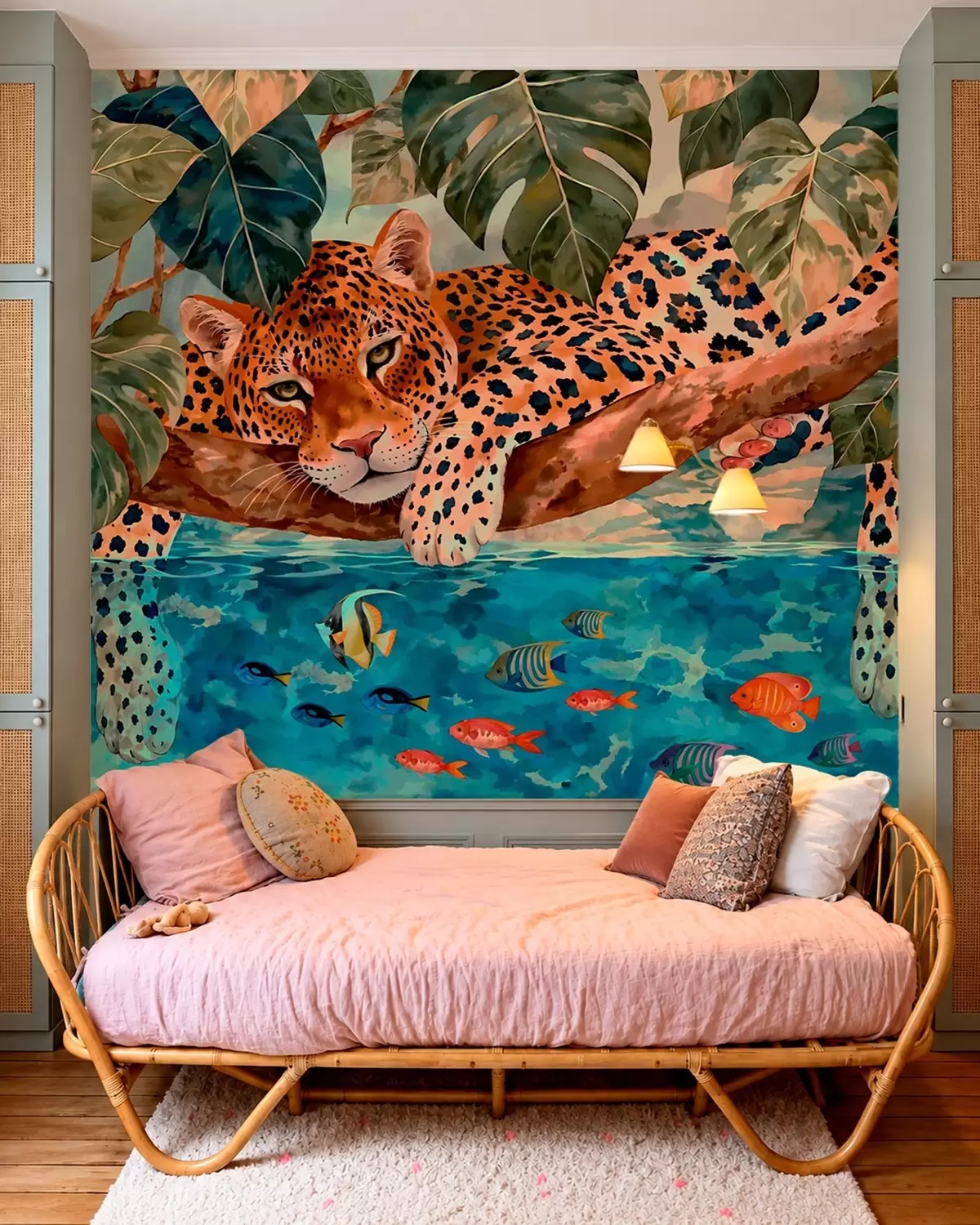 zidne murale Leopard među tropskim lišćem iznad vode s ribom w05954v1