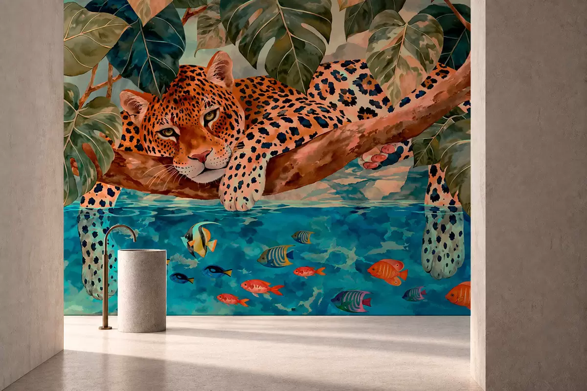 zidne murale Leopard među tropskim lišćem iznad vode s ribom w05954v1