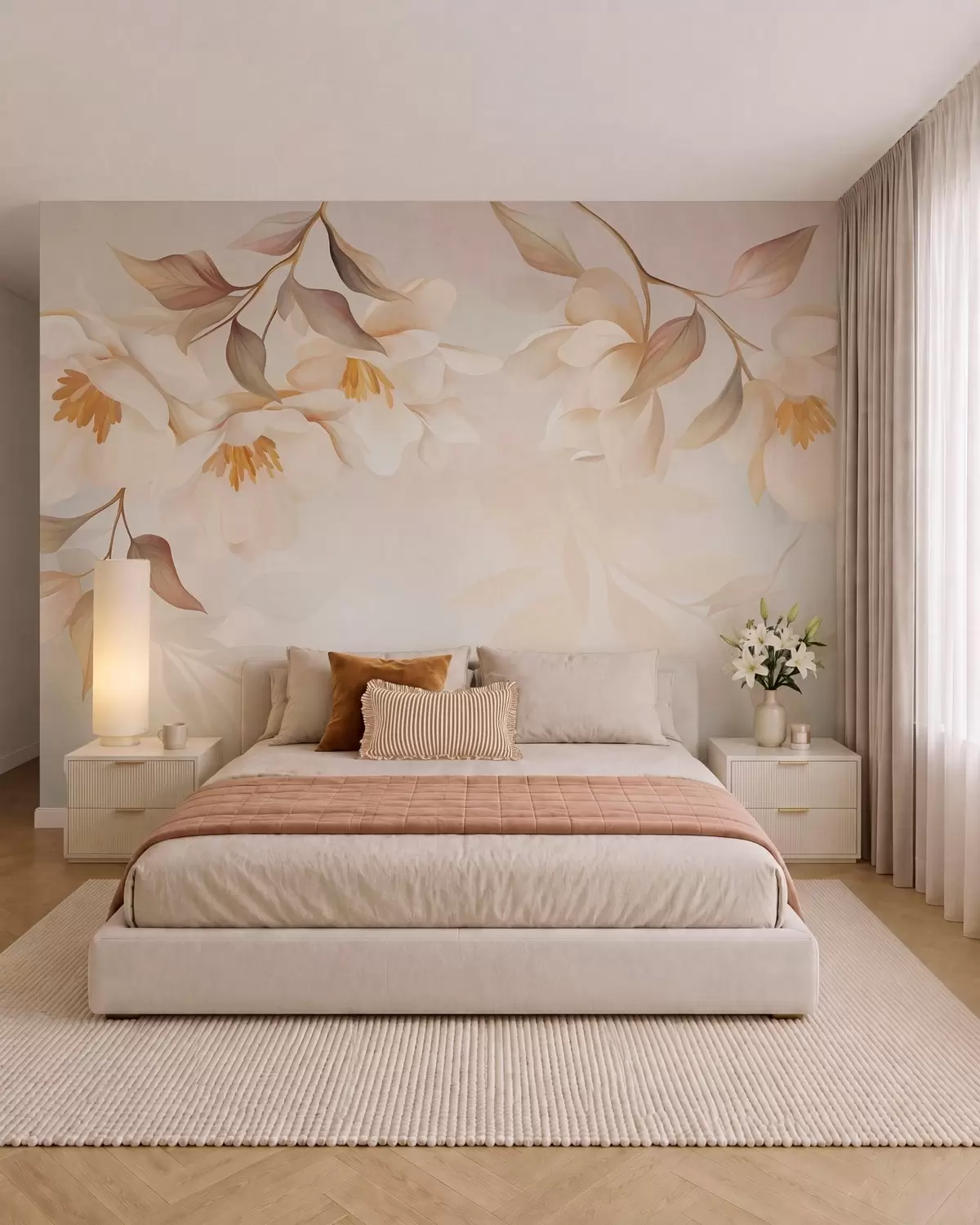 zidne murale Cvjetovi magnolije s nježnim smeđim listovima koji vise s grana w10086