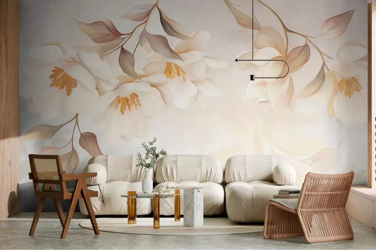 zidne murale Cvjetovi magnolije s nježnim smeđim listovima koji vise s grana w10086