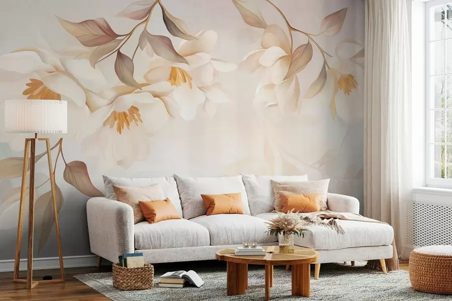 zidne murale Cvjetovi magnolije s nježnim smeđim listovima koji vise s grana w10086