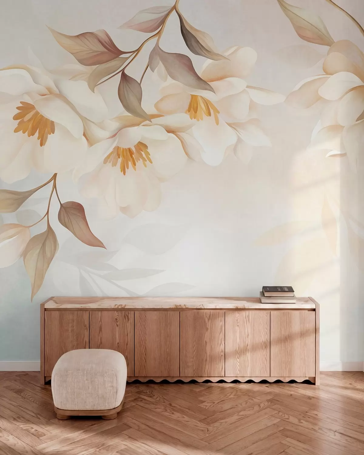 zidne murale Cvjetovi magnolije s nježnim smeđim listovima koji vise s grana w10086
