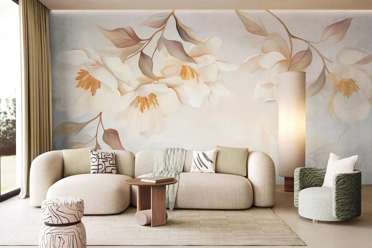 zidne murale Cvjetovi magnolije s nježnim smeđim listovima koji vise s grana w10086